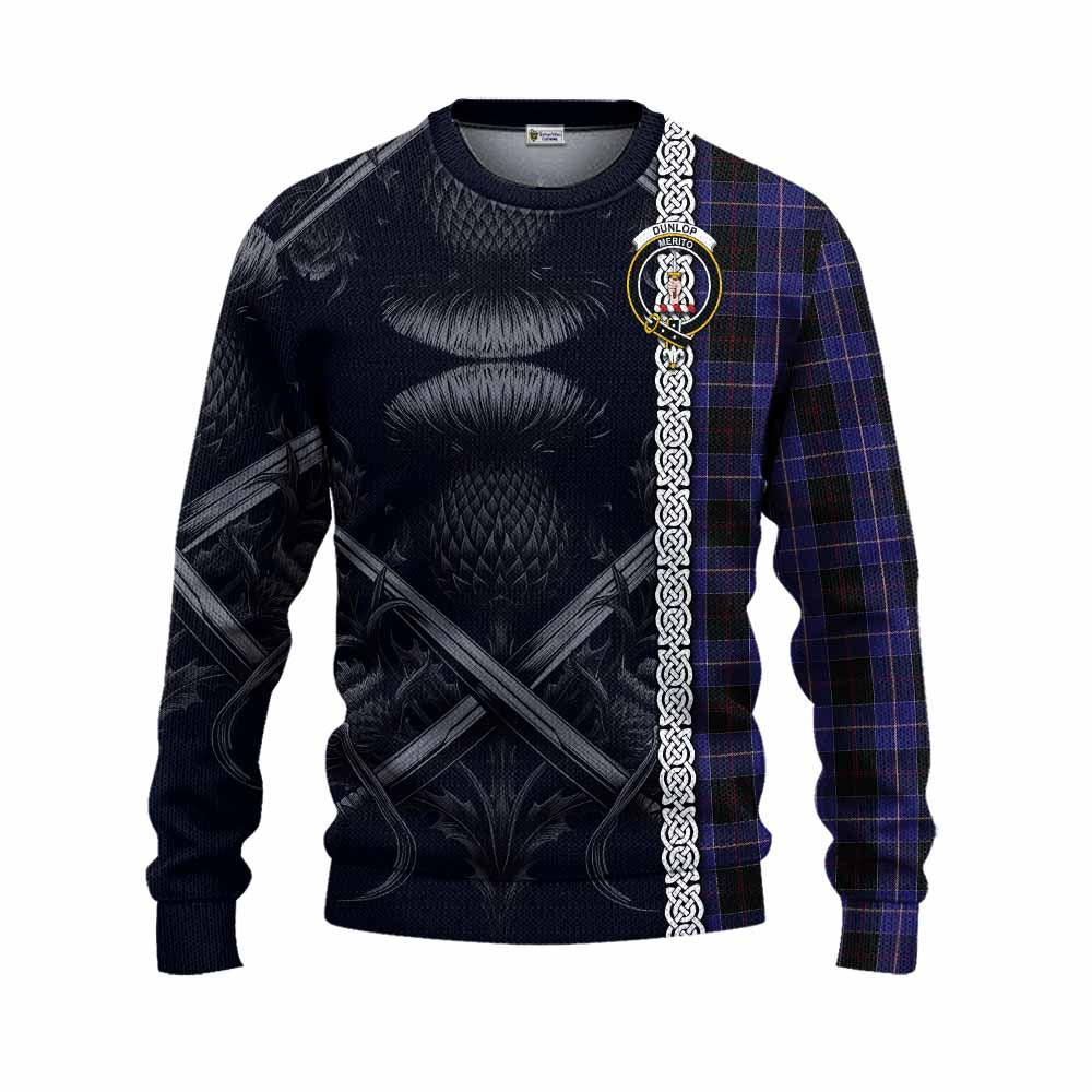 Tartan Vibes Clothing Dunlop Tartan Knitted Sweater with Family Crest Cross Sword Thistle Celtic Vibes
