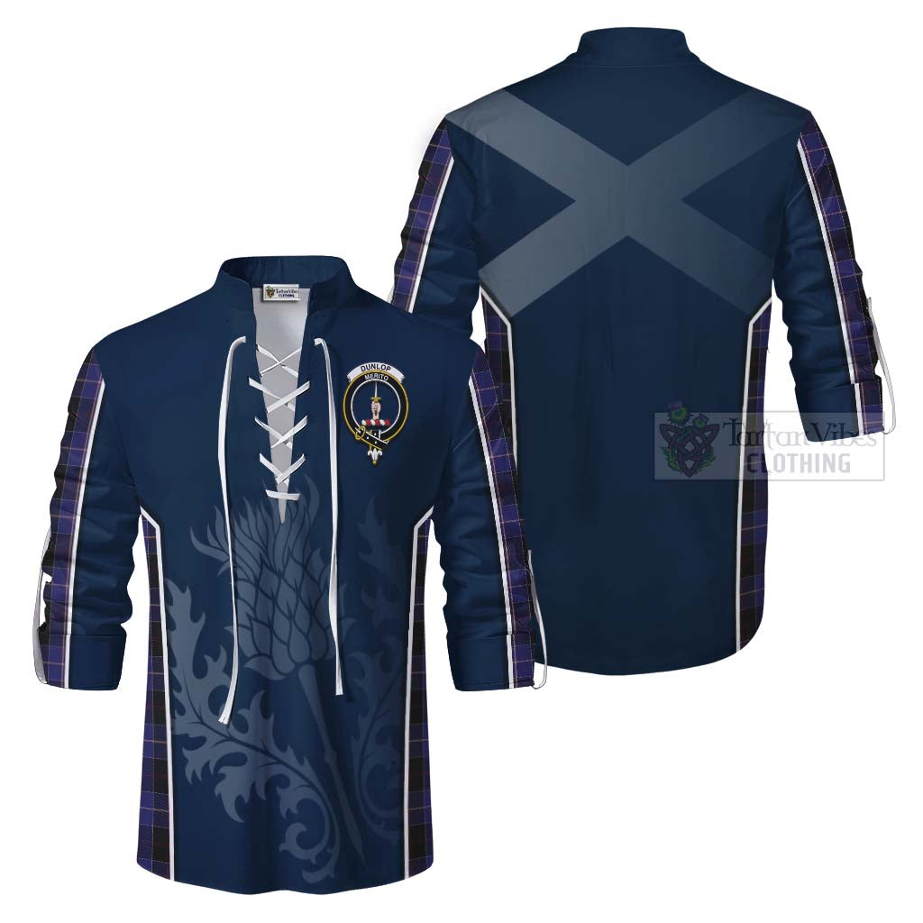 Tartan Vibes Clothing Dunlop Tartan Ghillie Kilt Shirt with Family Crest and Scottish Thistle Vibes Sport Style