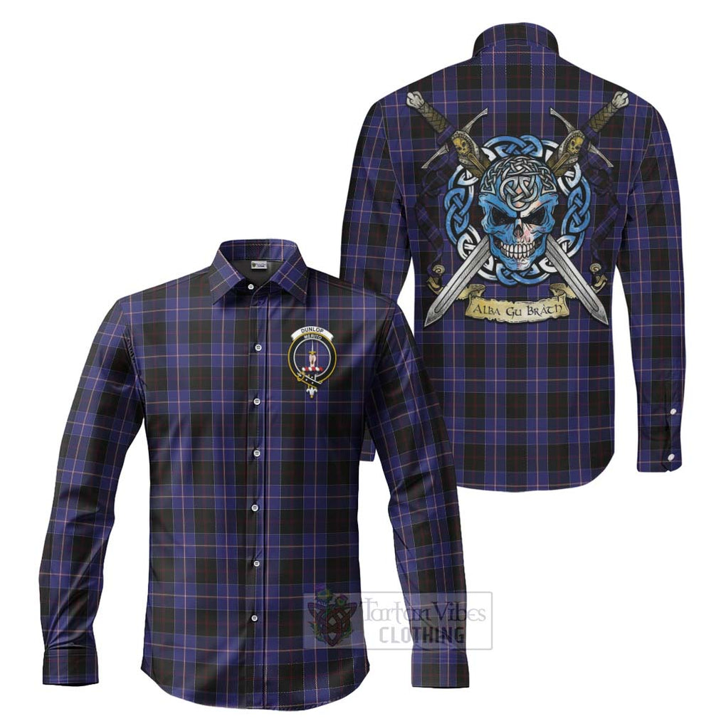 Tartan Vibes Clothing Dunlop Tartan Long Sleeve Button Shirt with Family Crest Celtic Skull Style