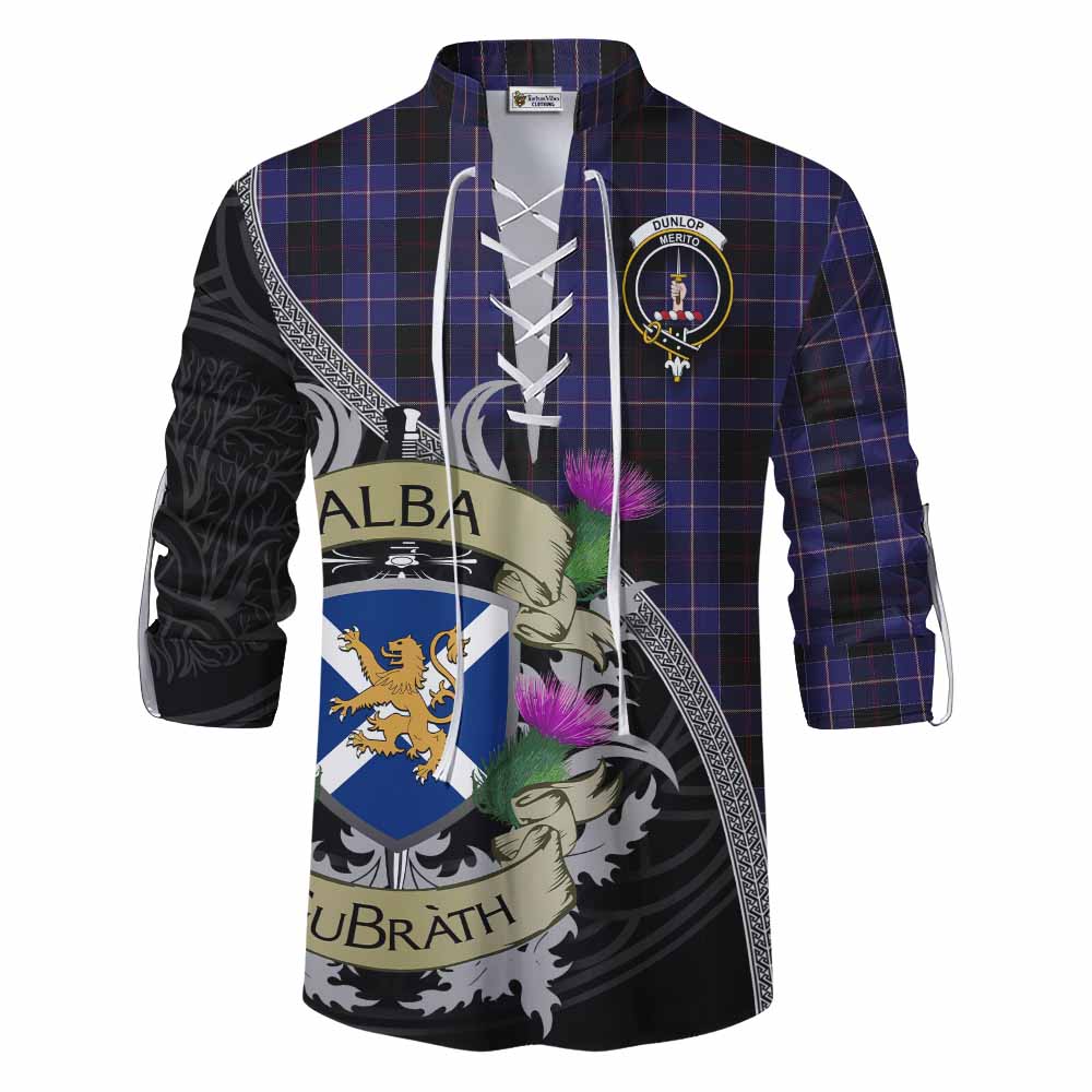 Tartan Vibes Clothing Dunlop Tartan Family Crest Ghillie Kilt Shirt Lion Rampant Royal Thistle Shield Celtic Inspired