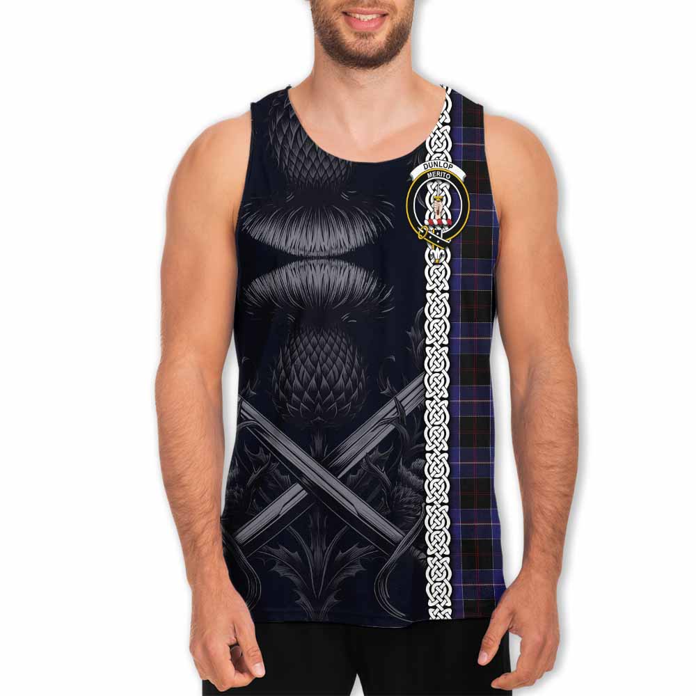 Tartan Vibes Clothing Dunlop Tartan Men's Tank Top with Family Crest Cross Sword Thistle Celtic Vibes