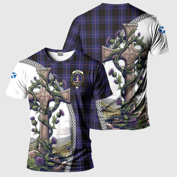 Tartan Vibes Clothing Dunlop Agnew Tartan T-Shirt with Family Crest and St. Andrew's Cross Accented by Thistle Vines