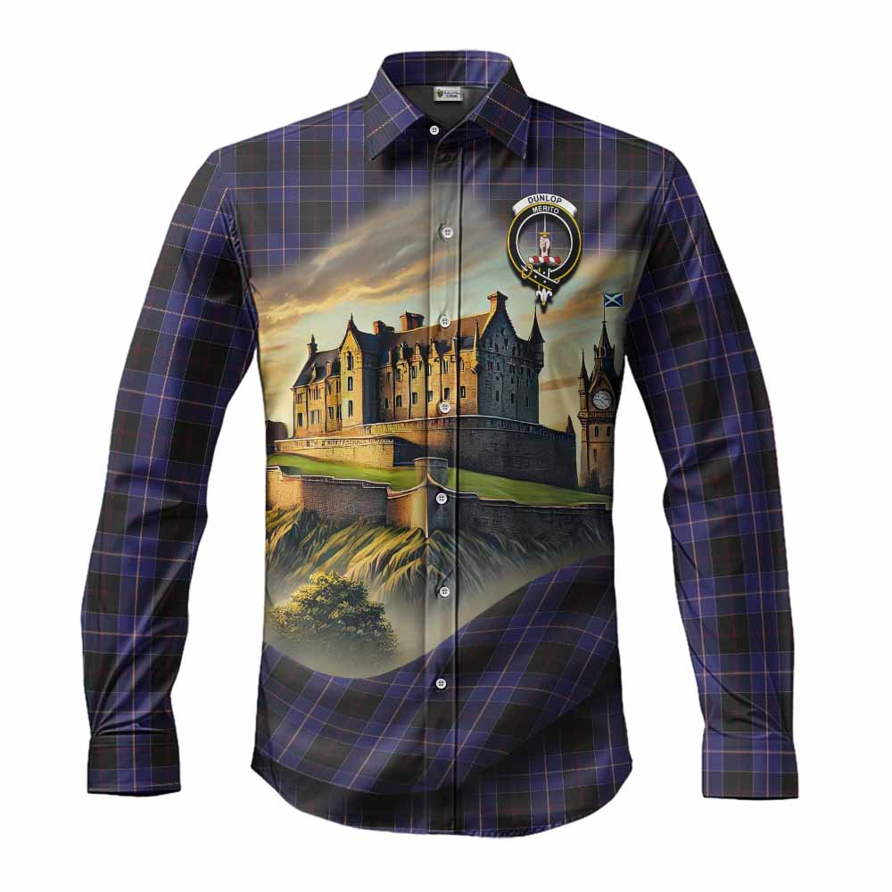 Tartan Vibes Clothing Dunlop Tartan Family Crest Long Sleeve Button Shirt with Scottish Ancient Castle Style