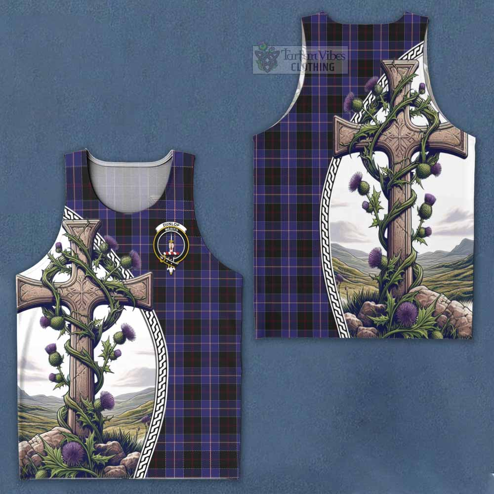 Tartan Vibes Clothing Dunlop Tartan Men's Tank Top with Family Crest and St. Andrew's Cross Accented by Thistle Vines