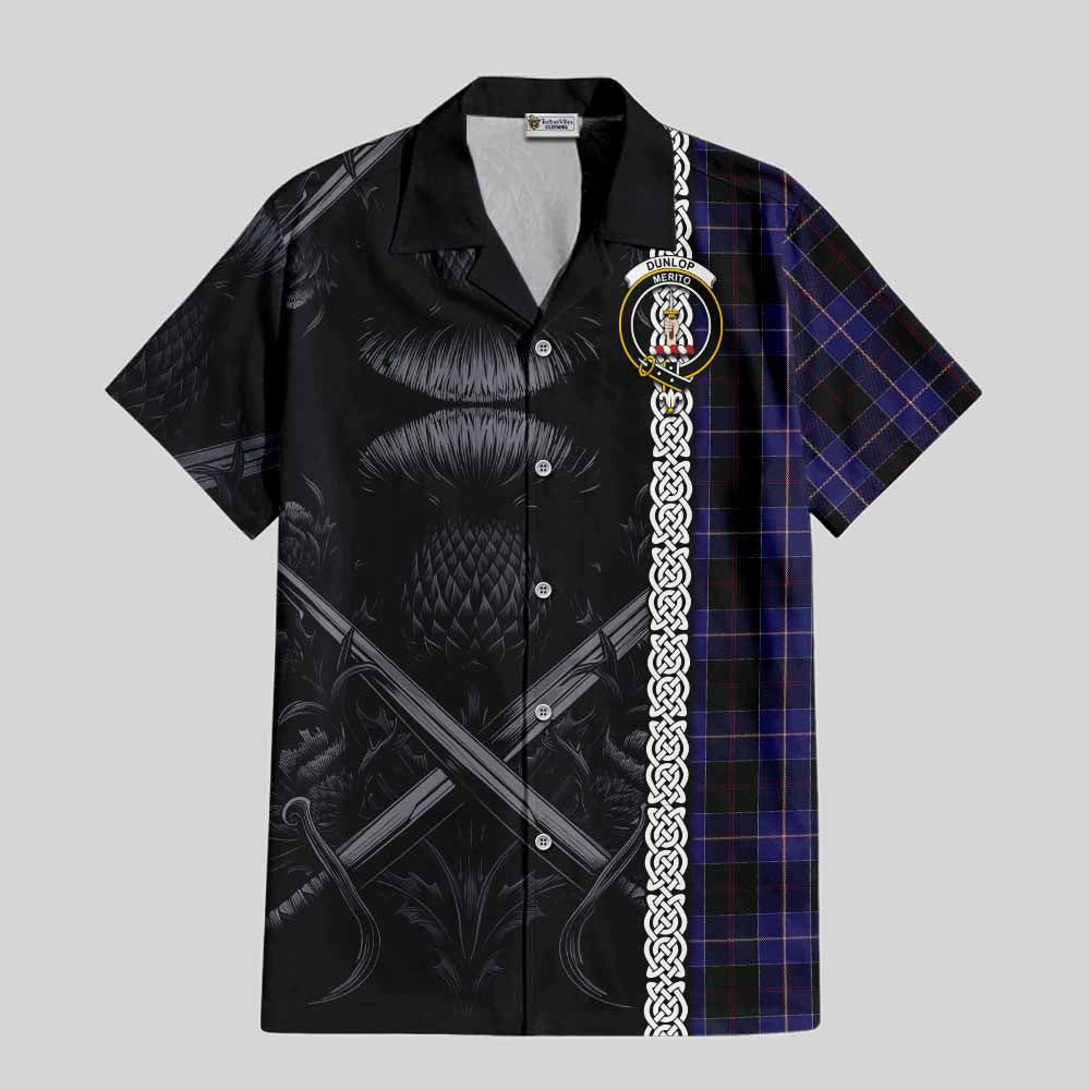 Tartan Vibes Clothing Dunlop Tartan Short Sleeve Button Shirt with Family Crest Cross Sword Thistle Celtic Vibes