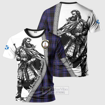 Tartan Vibes Clothing Dunlop Tartan Clan Crest T-Shirt with Highlander Warrior Celtic Style