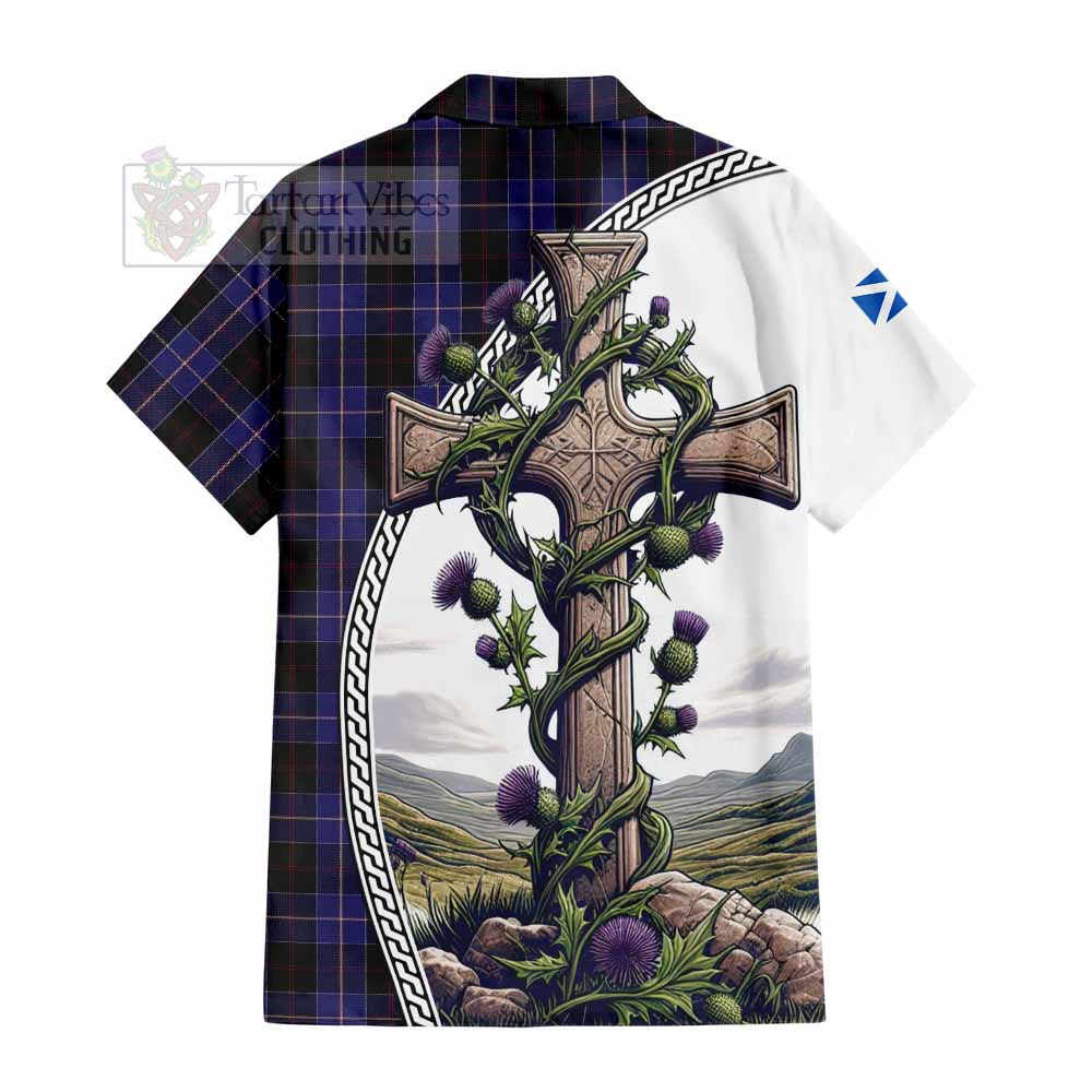 Tartan Vibes Clothing Dunlop Tartan Short Sleeve Button Shirt with Family Crest and St. Andrew's Cross Accented by Thistle Vines