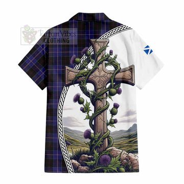 Dunlop Tartan Hawaiian Shirt with Family Crest and St. Andrew's Cross Accented by Thistle Vines