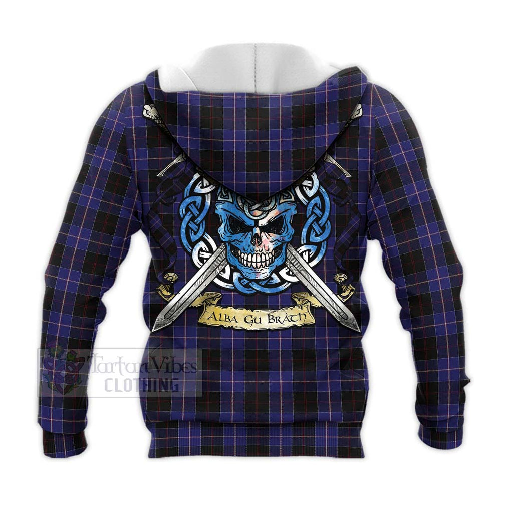 Tartan Vibes Clothing Dunlop Tartan Knitted Hoodie with Family Crest Celtic Skull Style