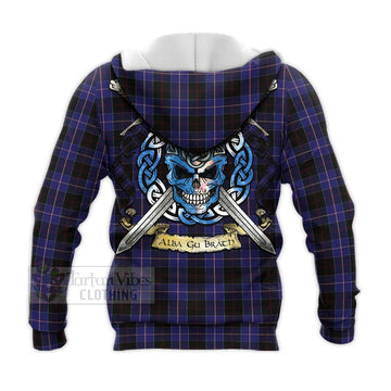 Dunlop Tartan Knitted Hoodie with Family Crest Celtic Skull Style