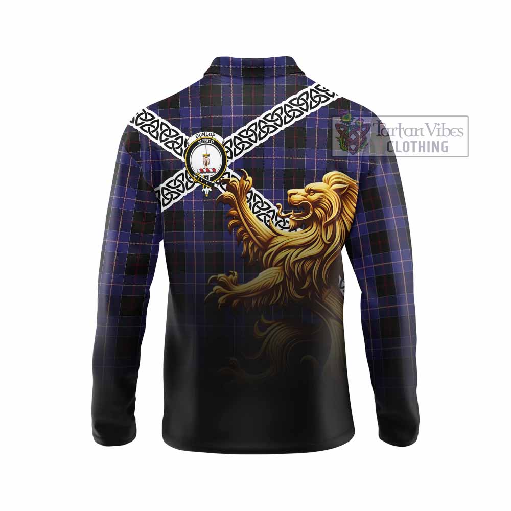 Tartan Vibes Clothing Dunlop Crest Tartan Long Sleeve Polo Shirt with Golden Lion Emblem Celtic Style