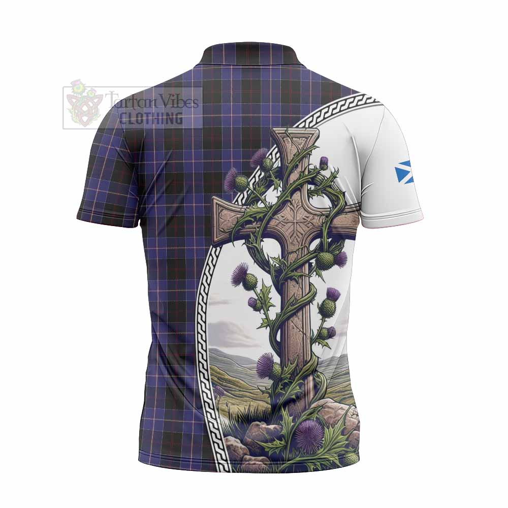 Tartan Vibes Clothing Dunlop Tartan Zipper Polo Shirt with Family Crest and St. Andrew's Cross Accented by Thistle Vines
