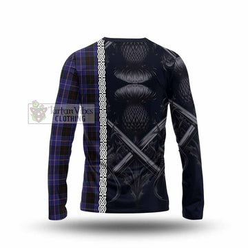 Tartan Vibes Clothing Dunlop Tartan Long Sleeve T-Shirt with Family Crest Cross Sword Thistle Celtic Vibes