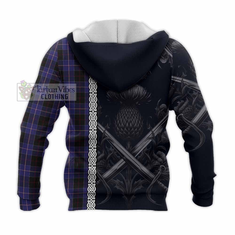 Tartan Vibes Clothing Dunlop Tartan Knitted Hoodie with Family Crest Cross Sword Thistle Celtic Vibes