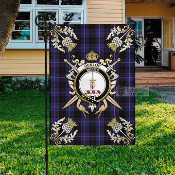 Dunlop Tartan Garden Flag with Family Crest and Golden Thistle Crossed Sword Design