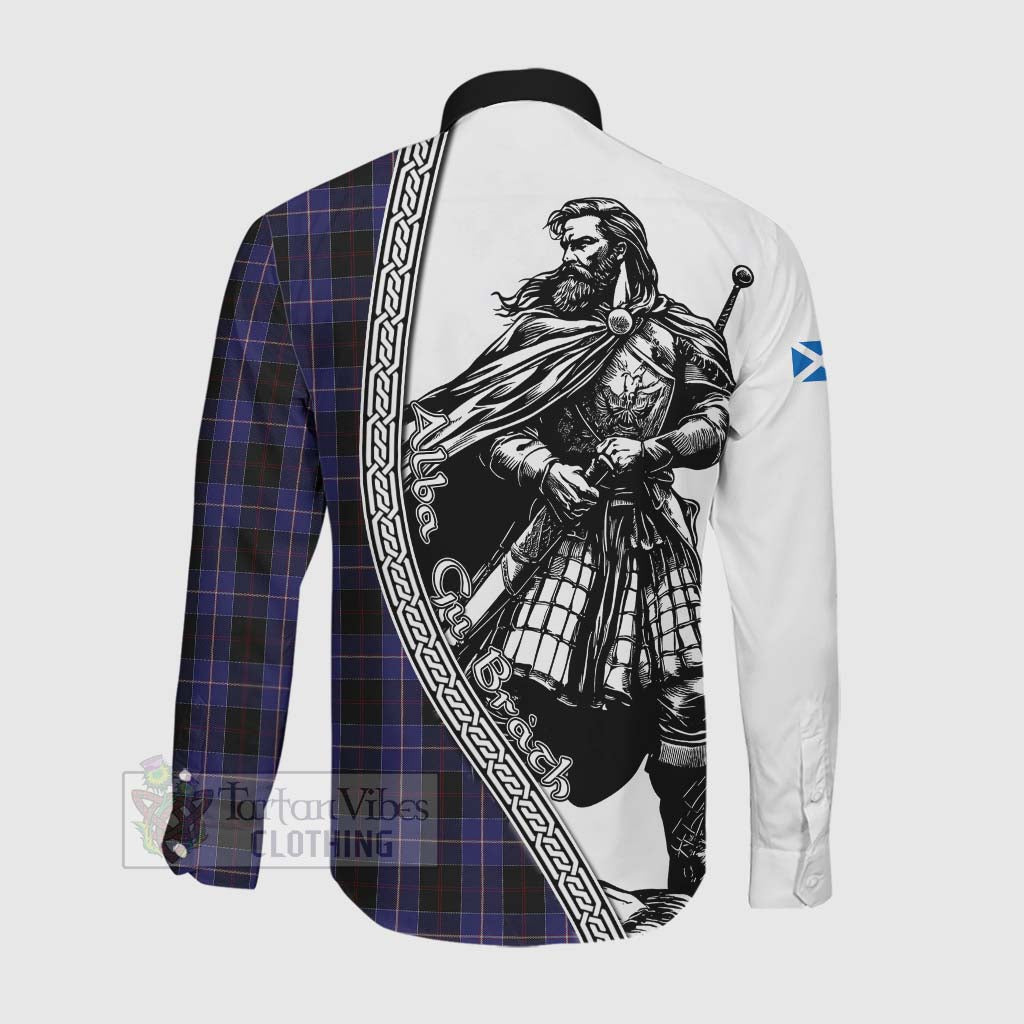 Tartan Vibes Clothing Dunlop Tartan Clan Crest Long Sleeve Button Shirt with Highlander Warrior Celtic Style