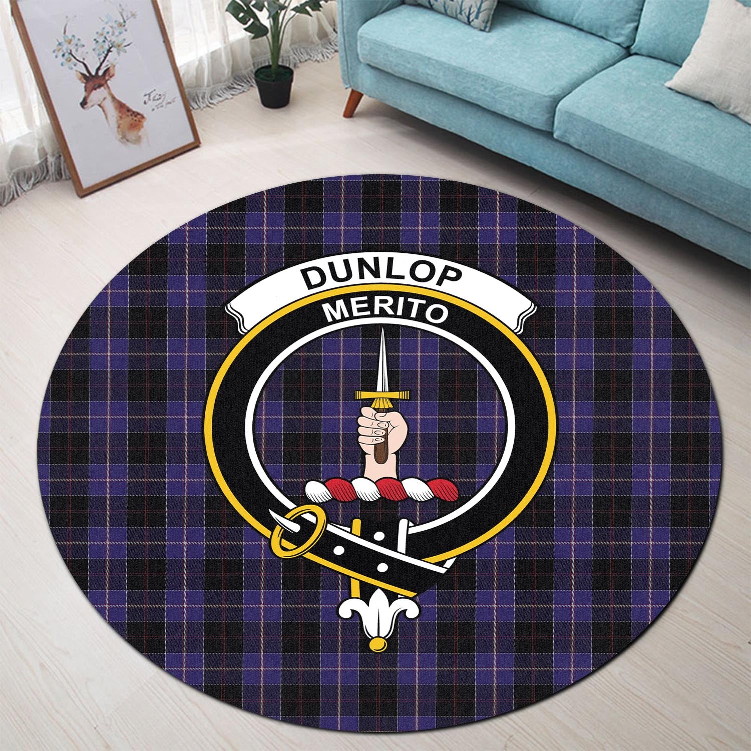 Dunlop Tartan Round Rug with Family Crest - Tartanvibesclothing