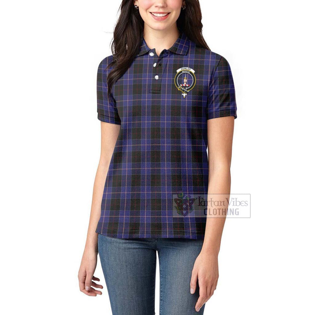 Tartan Vibes Clothing Dunlop Tartan Women's Polo Shirt with Family Crest and Bearded Skull Holding Bottles of Whiskey