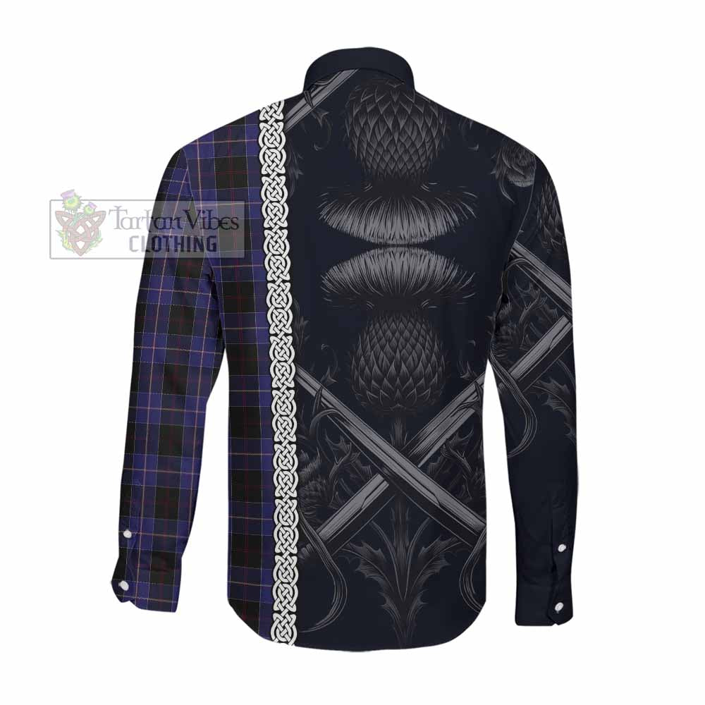 Tartan Vibes Clothing Dunlop Tartan Long Sleeve Button Shirt with Family Crest Cross Sword Thistle Celtic Vibes