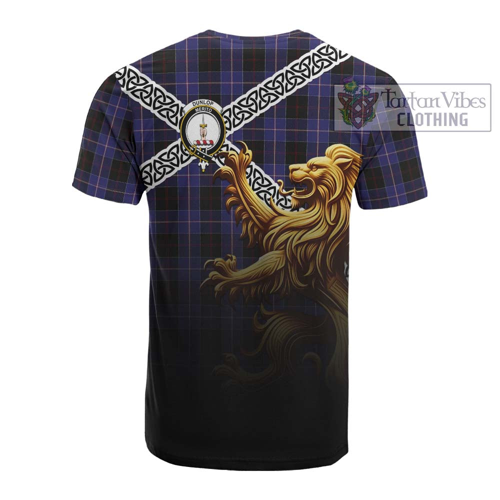 Tartan Vibes Clothing Dunlop Crest Tartan Cotton T-shirt with Golden Lion Emblem Celtic Style
