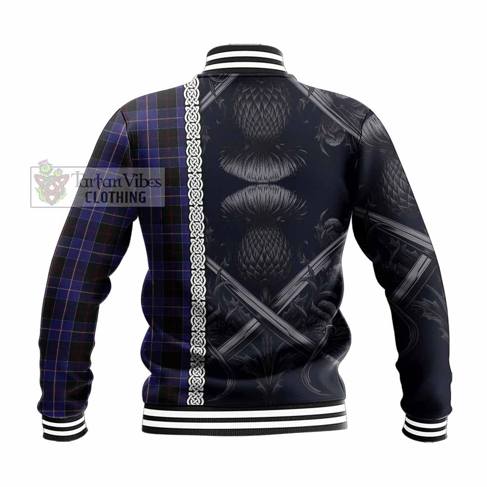 Tartan Vibes Clothing Dunlop Tartan Baseball Jacket with Family Crest Cross Sword Thistle Celtic Vibes