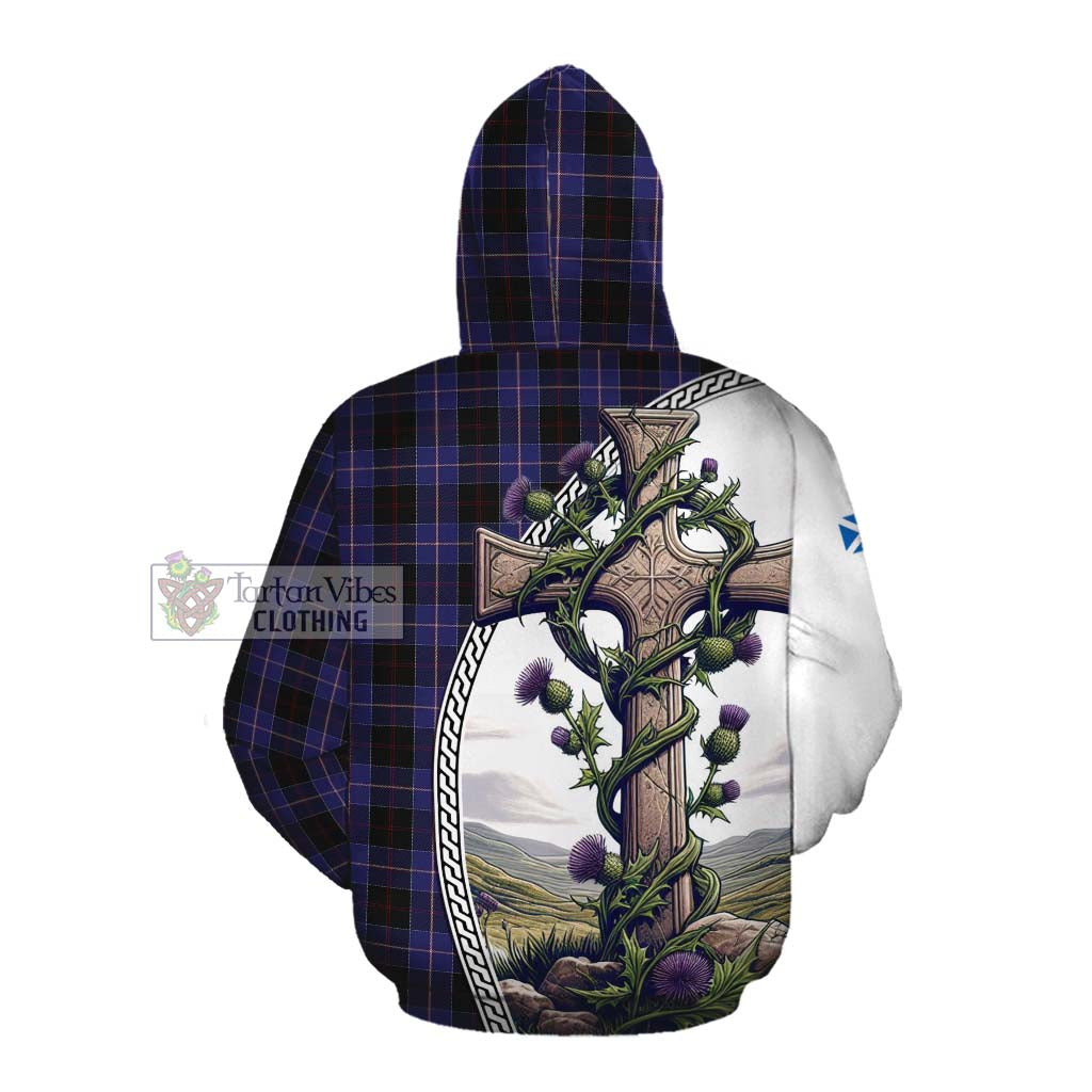 Tartan Vibes Clothing Dunlop Tartan Cotton Hoodie with Family Crest and St. Andrew's Cross Accented by Thistle Vines