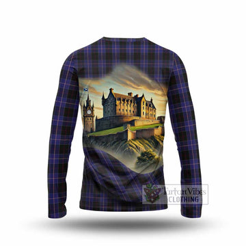 Tartan Vibes Clothing Dunlop Tartan Family Crest Long Sleeve T-Shirt with Scottish Ancient Castle Style