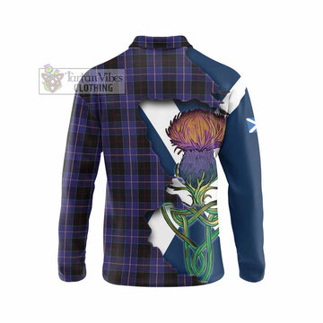 Tartan Vibes Clothing Dunlop Tartan Family Crest Long Sleeve Polo Shirt Scottish Thistle Celtic Inspired