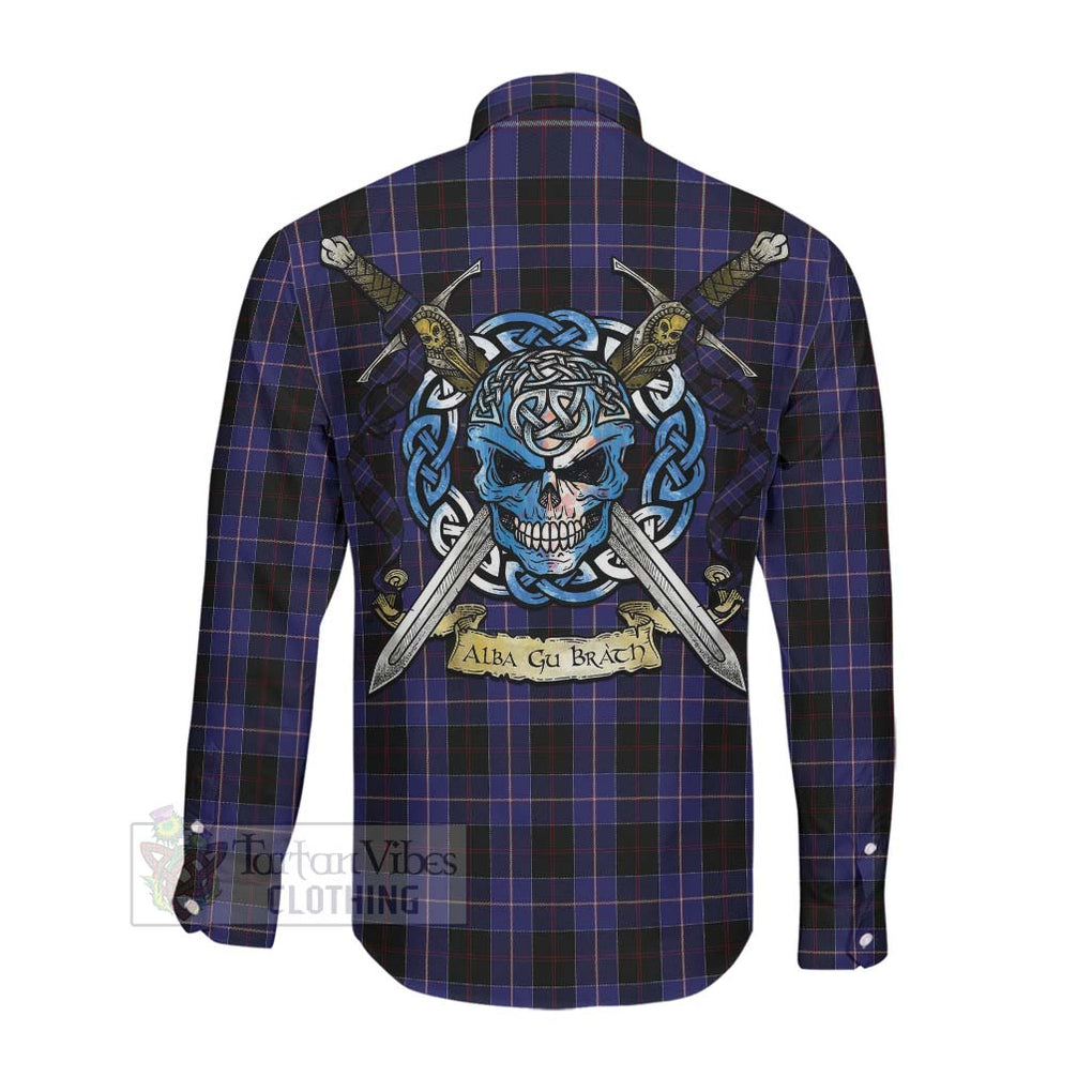 Tartan Vibes Clothing Dunlop Tartan Long Sleeve Button Shirt with Family Crest Celtic Skull Style