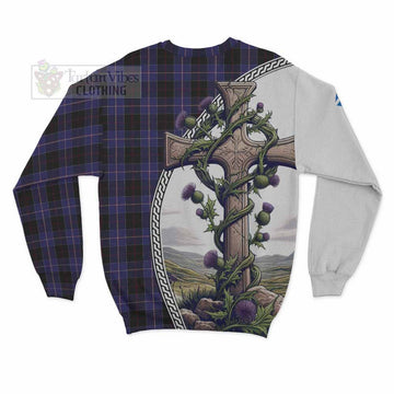 Tartan Vibes Clothing Dunlop Tartan Sweatshirt with Family Crest and St. Andrew's Cross Accented by Thistle Vines