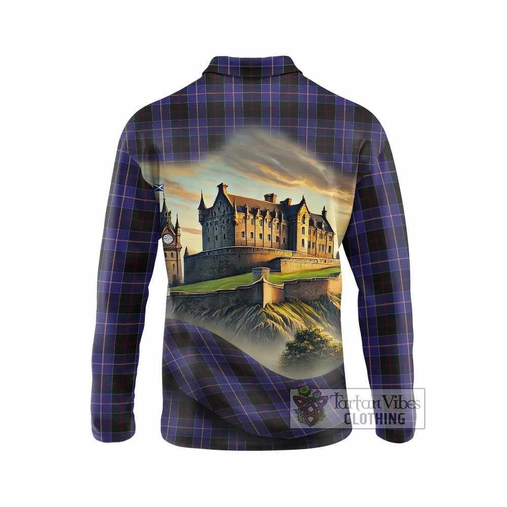 Tartan Vibes Clothing Dunlop Tartan Family Crest Long Sleeve Polo Shirt with Scottish Ancient Castle Style