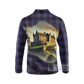Tartan Vibes Clothing Dunlop Tartan Family Crest Long Sleeve Polo Shirt with Scottish Ancient Castle Style