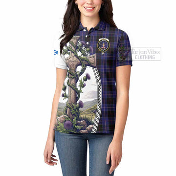 Tartan Vibes Clothing Dunlop Tartan Women's Polo Shirt with Family Crest and St. Andrew's Cross Accented by Thistle Vines