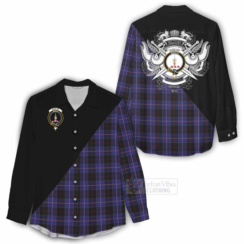Tartan Vibes Clothing Dunlop Tartan Women's Casual Shirt with Family Crest and Military Logo Style