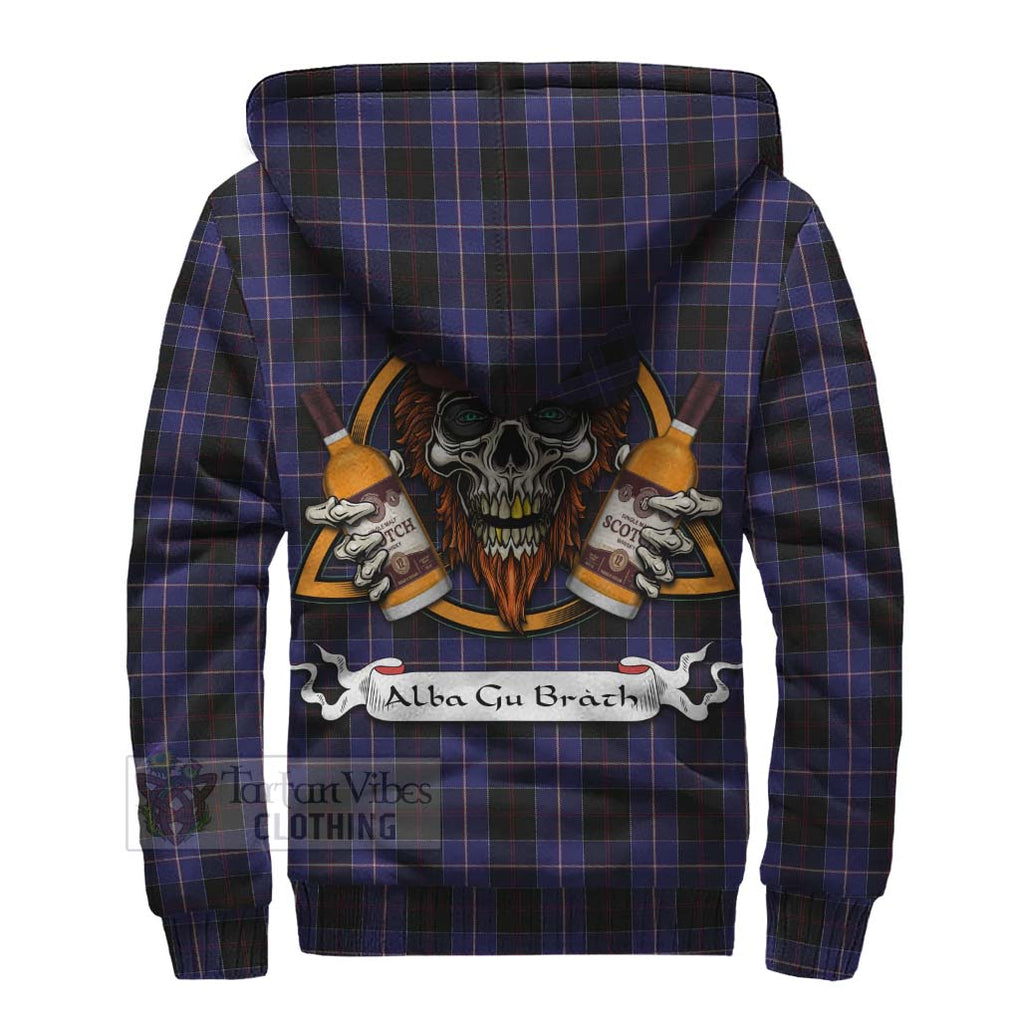 Tartan Vibes Clothing Dunlop Tartan Sherpa Hoodie with Family Crest and Bearded Skull Holding Bottles of Whiskey