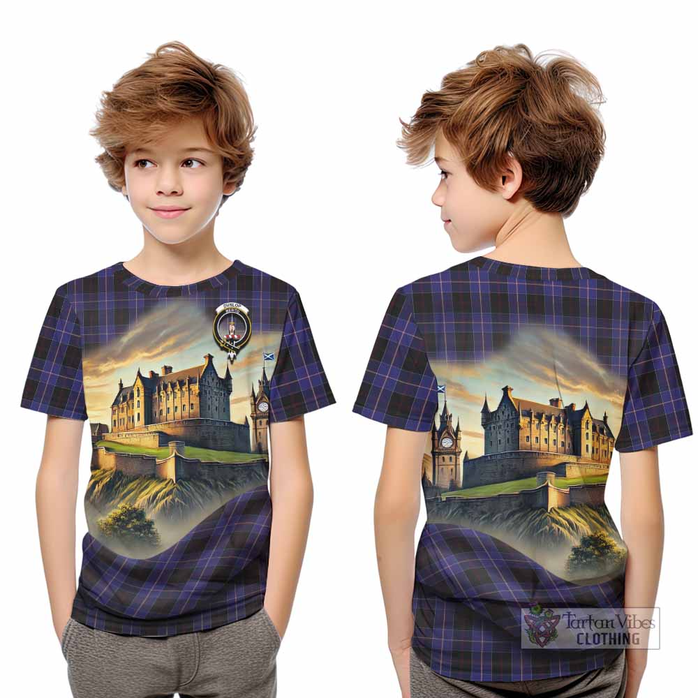 Tartan Vibes Clothing Dunlop Tartan Family Crest Kid T-Shirt with Scottish Ancient Castle Style
