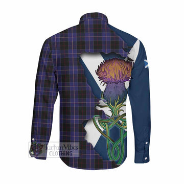 Dunlop Tartan Family Crest Long Sleeve Button Shirt Scottish Thistle Celtic Inspired