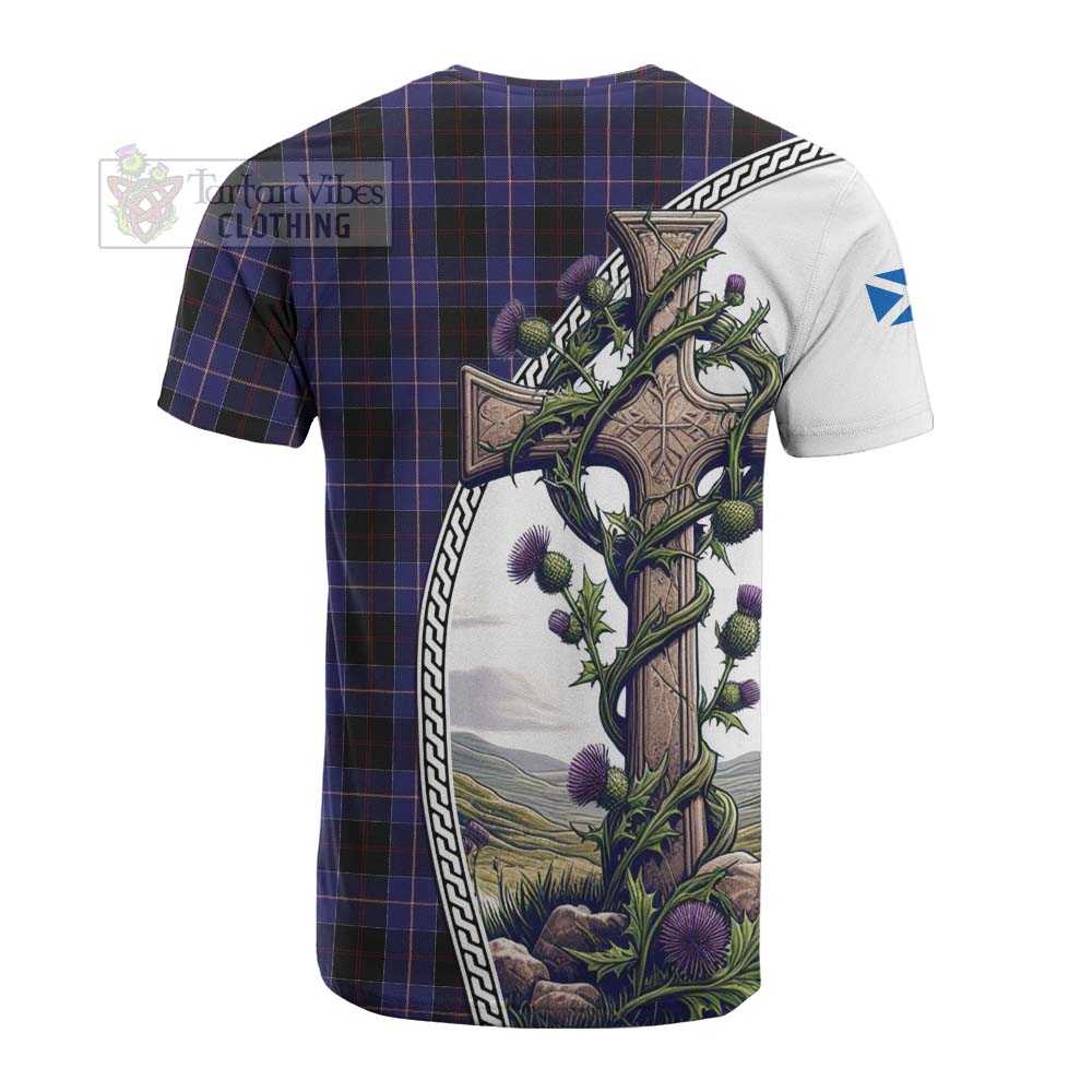 Tartan Vibes Clothing Dunlop Tartan Cotton T-shirt with Family Crest and St. Andrew's Cross Accented by Thistle Vines