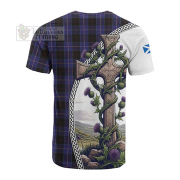 Tartan Vibes Clothing Dunlop Tartan Cotton T-shirt with Family Crest and St. Andrew's Cross Accented by Thistle Vines