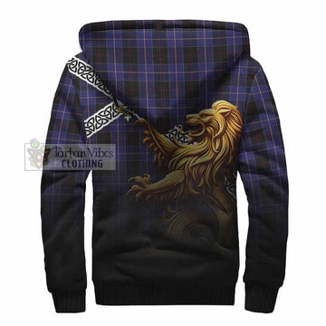 Dunlop Crest Tartan Sherpa Hoodie with Golden Lion Emblem Celtic Style