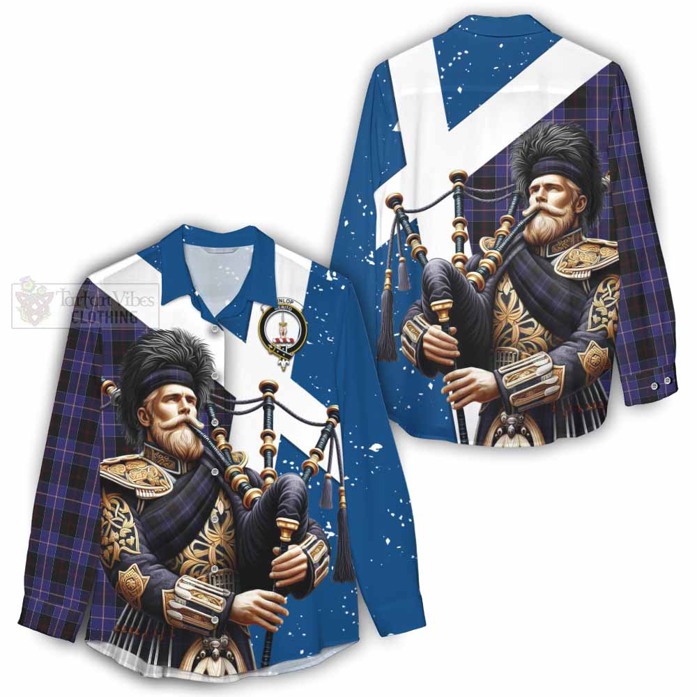 Tartan Vibes Clothing Dunlop Tartan Women's Casual Shirt with Family Crest Scottish Bagpiper Vibes