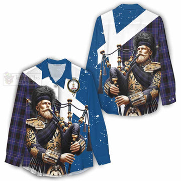 Tartan Vibes Clothing Dunlop Tartan Women's Casual Shirt with Family Crest Scottish Bagpiper Vibes