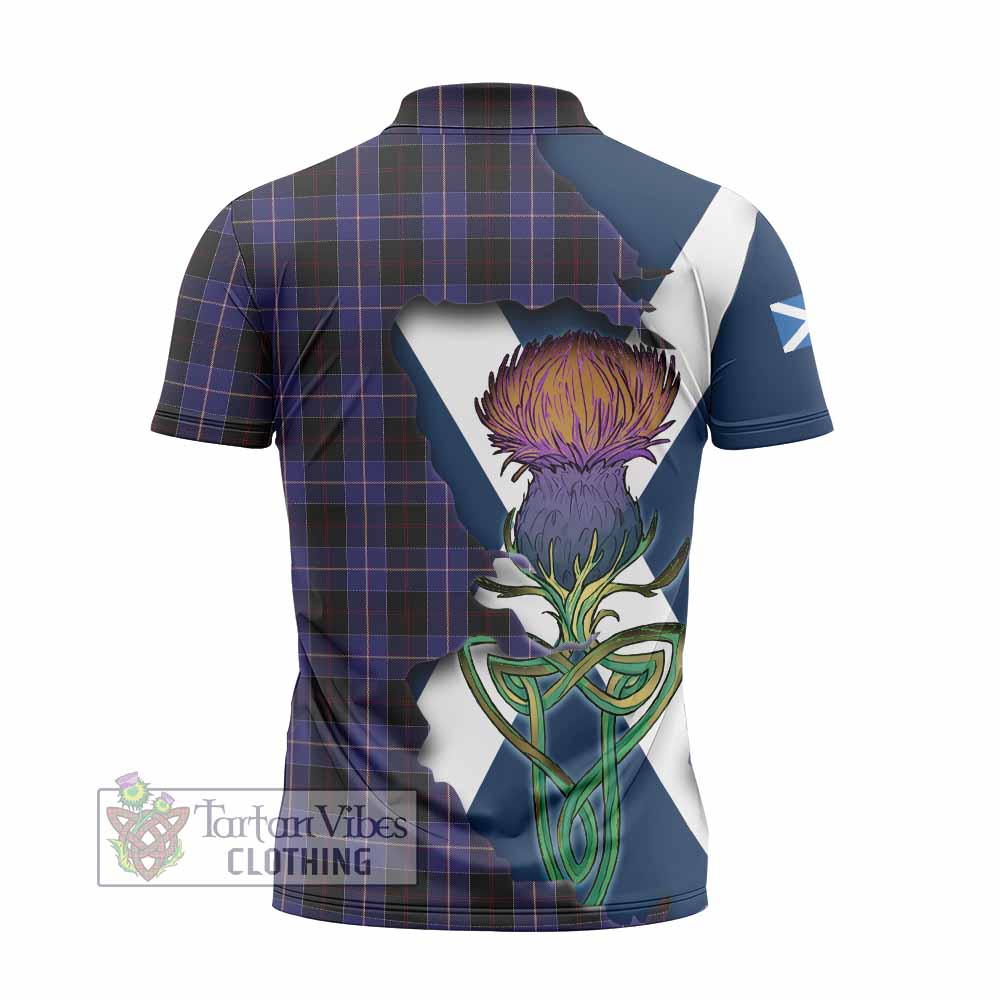 Tartan Vibes Clothing Dunlop Tartan Family Crest Zipper Polo Shirt Scottish Thistle Celtic Inspired