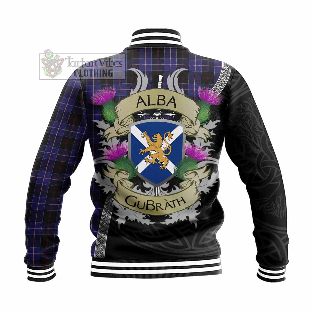 Tartan Vibes Clothing Dunlop Tartan Family Crest Baseball Jacket Lion Rampant Royal Thistle Shield Celtic Inspired