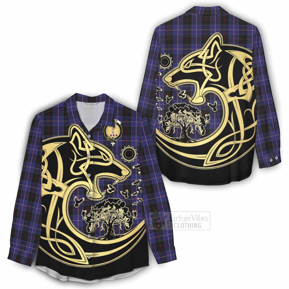 Tartan Vibes Clothing Dunlop Tartan Women's Casual Shirt with Family Crest Celtic Wolf Style