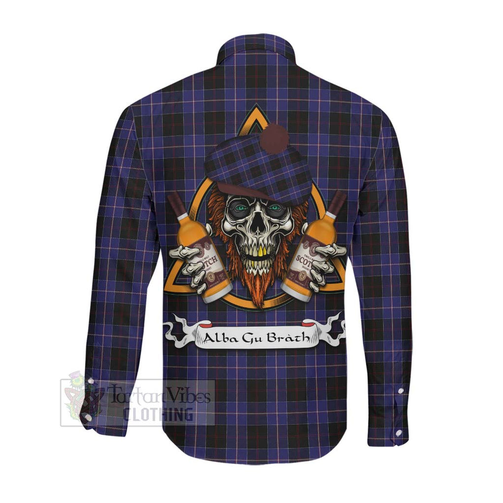 Tartan Vibes Clothing Dunlop Tartan Long Sleeve Button Shirt with Family Crest and Bearded Skull Holding Bottles of Whiskey