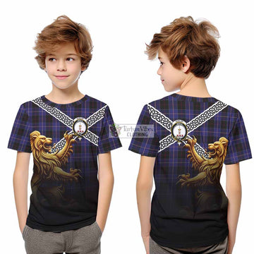 Dunlop Crest Tartan Kid T-Shirt with Golden Lion Emblem Celtic Style