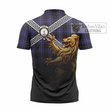 Dunlop Crest Tartan Zipper Polo Shirt with Golden Lion Emblem Celtic Style