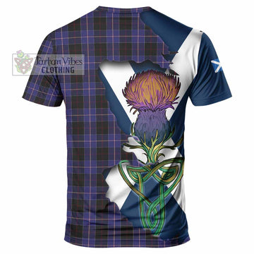 Tartan Vibes Clothing Dunlop Tartan Family Crest T-Shirt Scottish Thistle Celtic Inspired