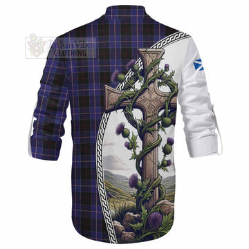 Dunlop Tartan Ghillie Kilt Shirt with Family Crest and St. Andrew's Cross Accented by Thistle Vines